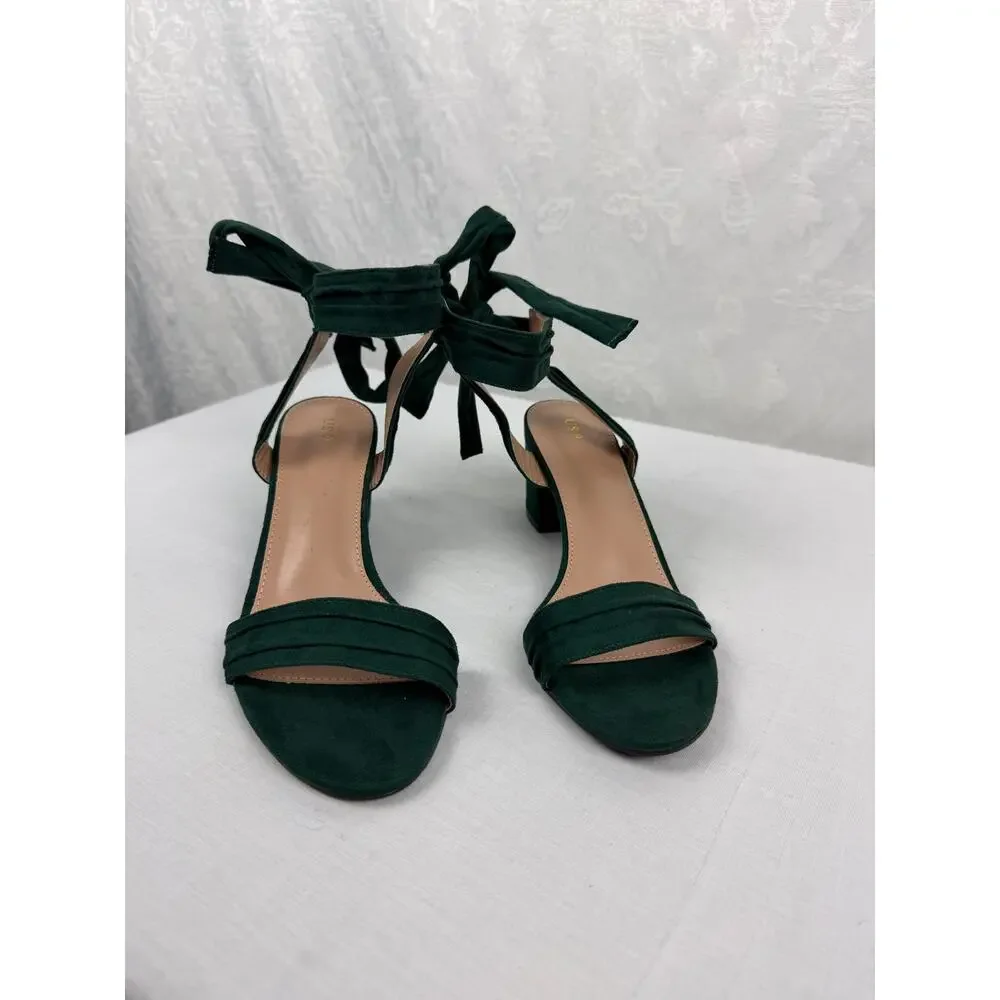 Green Suede-Look Ankle Tie Block Heel Sandals Women's US 9